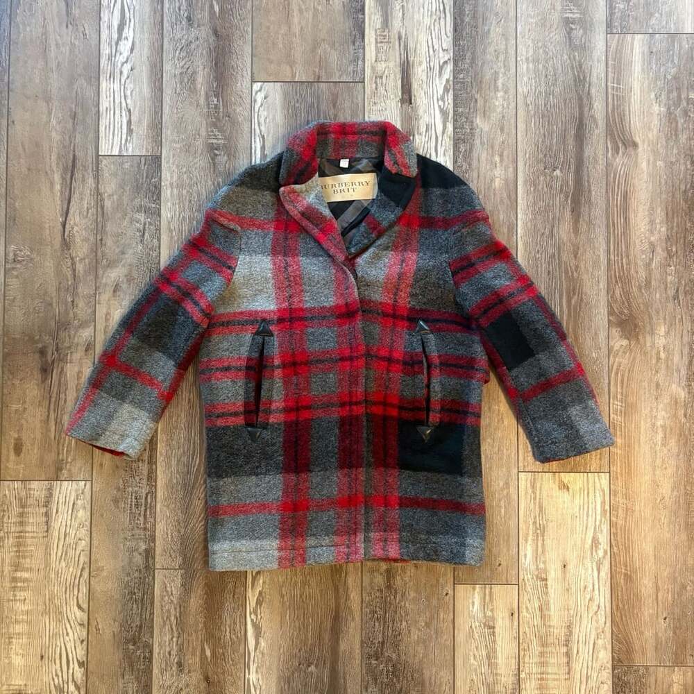 Burberry Brit Womens Wool Coat US 10 Red Gray Plaid Leather Trim